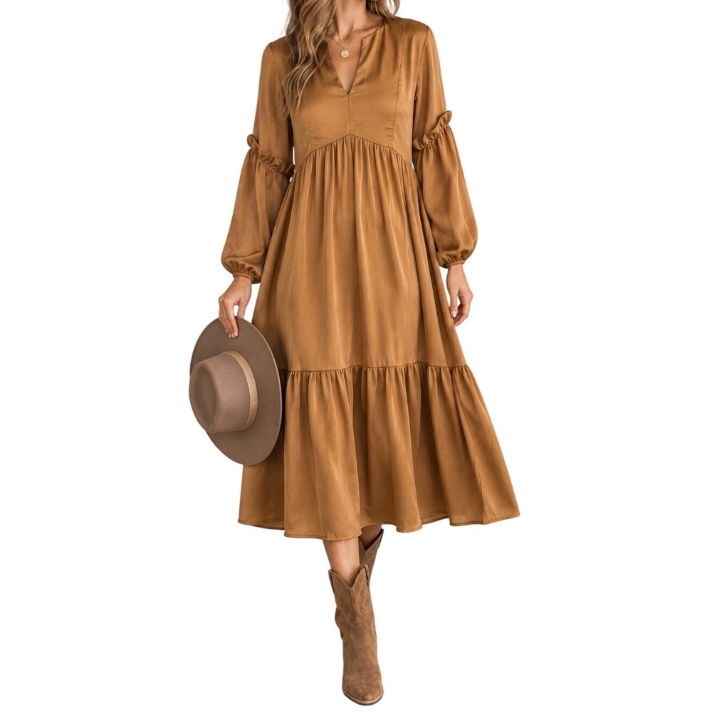 Molly Bracken Midi Dress Women's Small Camel Brown Boho Western Long Sleeve